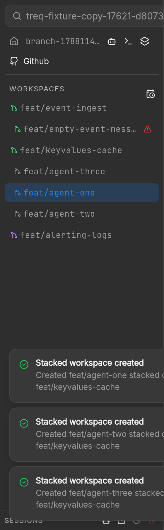 Sidebar after three new agent workspaces appear